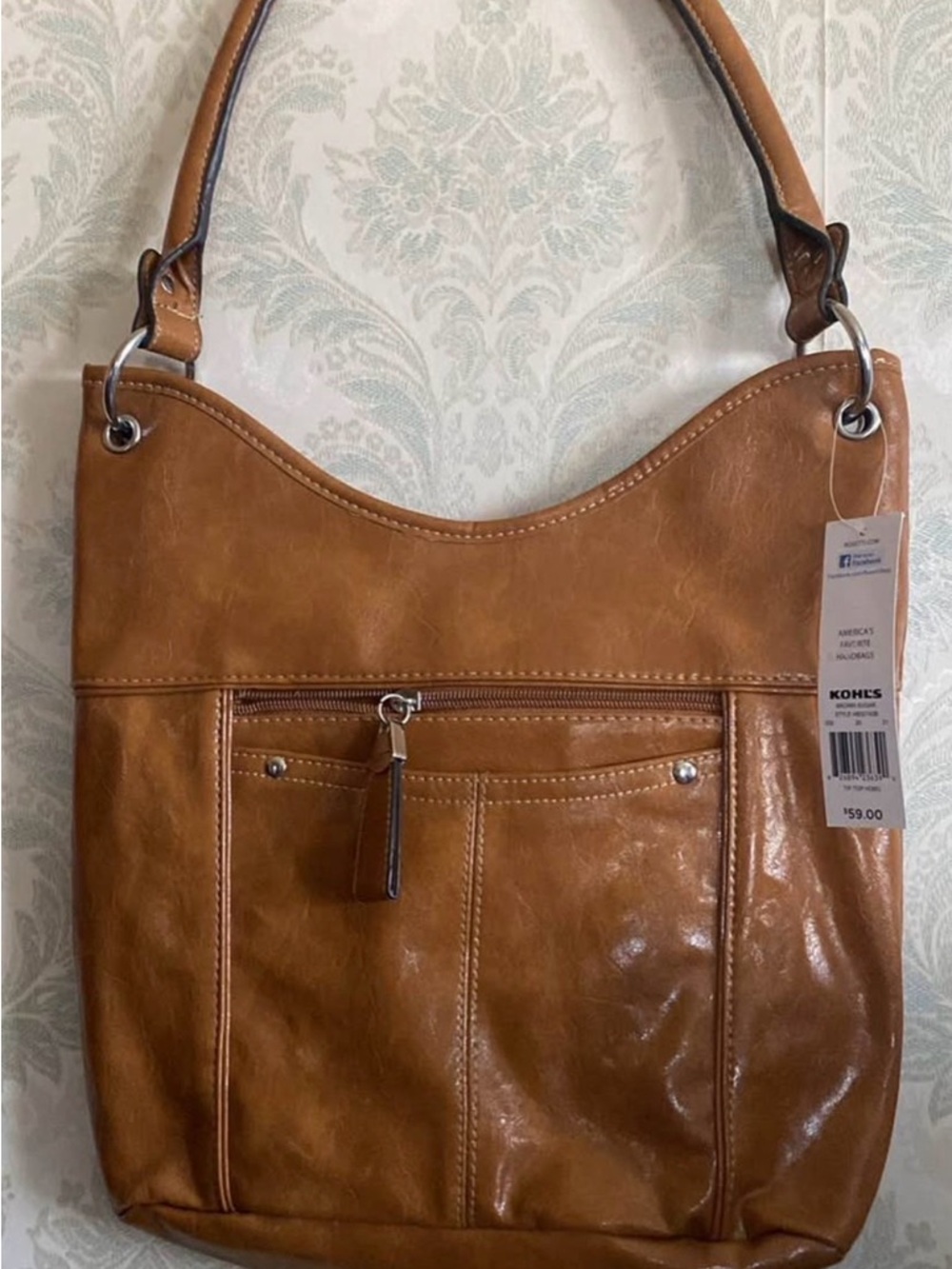 Kohl's Women's Cognac Brown Shoulder Bag with Front Zip Pocket